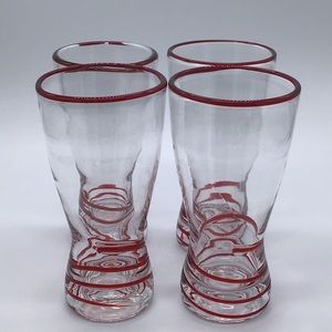Handblown Tumblers W /Red Swirl on Bottom & Red Rim Set Of 4